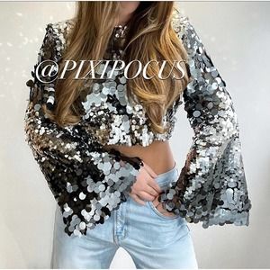ZARA LIMITED EDITION SEQUIN DISC TOP / BLOUSE SILVER